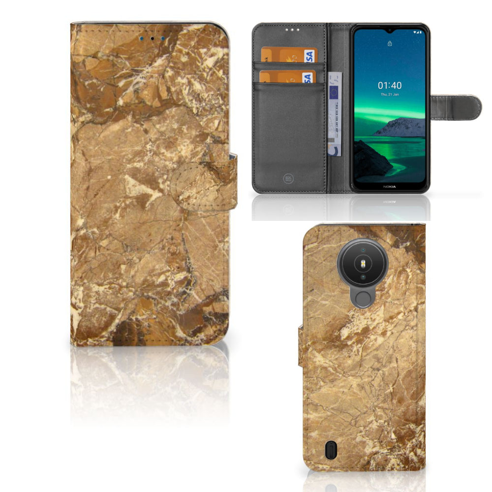 Nokia 1.4 Bookcase Marmer Creme, luxe telefoonhoesje van kunstleer met marmerdesign.