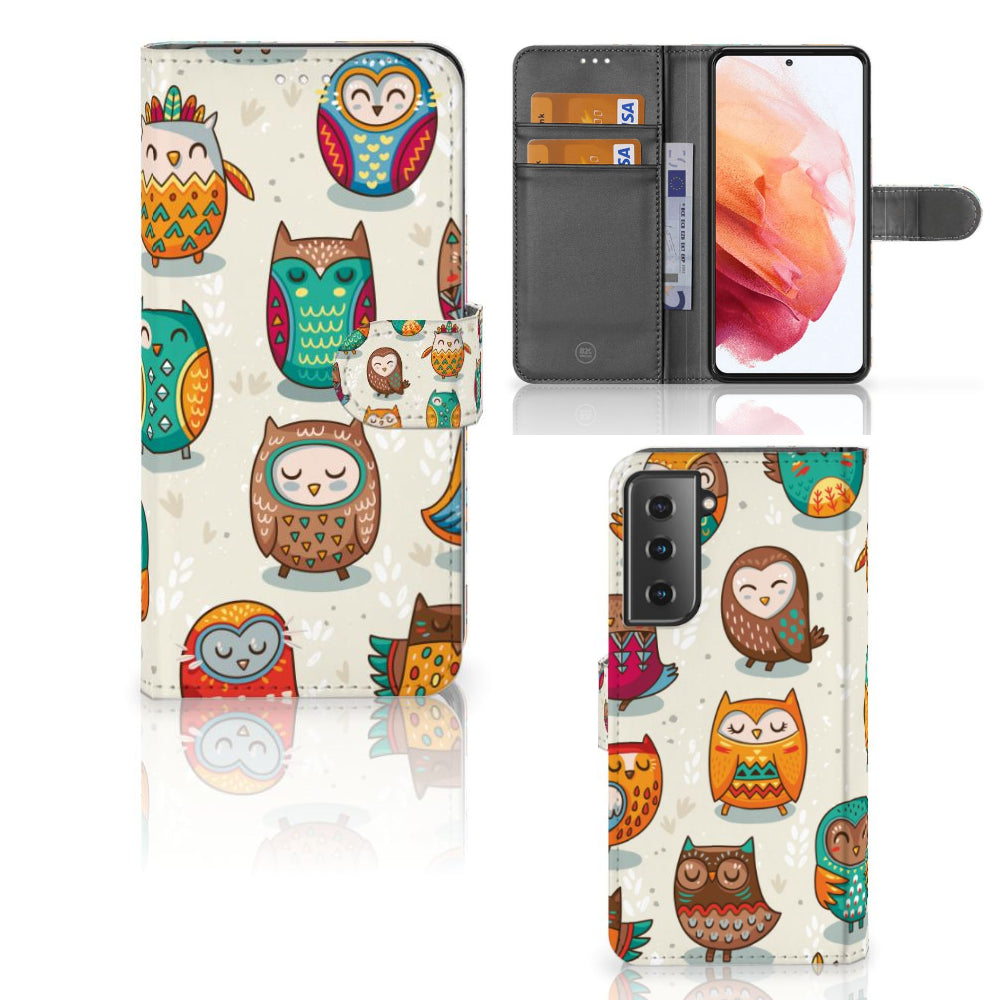 Samsung Galaxy S21 Telefoonhoesje met Pasjes Vrolijke Uilen