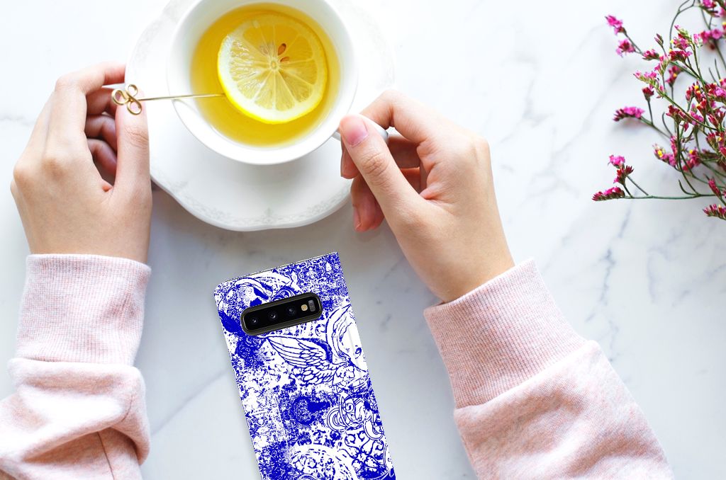 Mobiel BookCase Samsung Galaxy S10 Angel Skull Blauw
