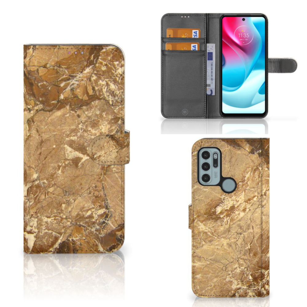 Motorola Moto G60s Bookcase Marmer Creme met luxe marmerdesign en pasjeshouder voor optimale bescherming.