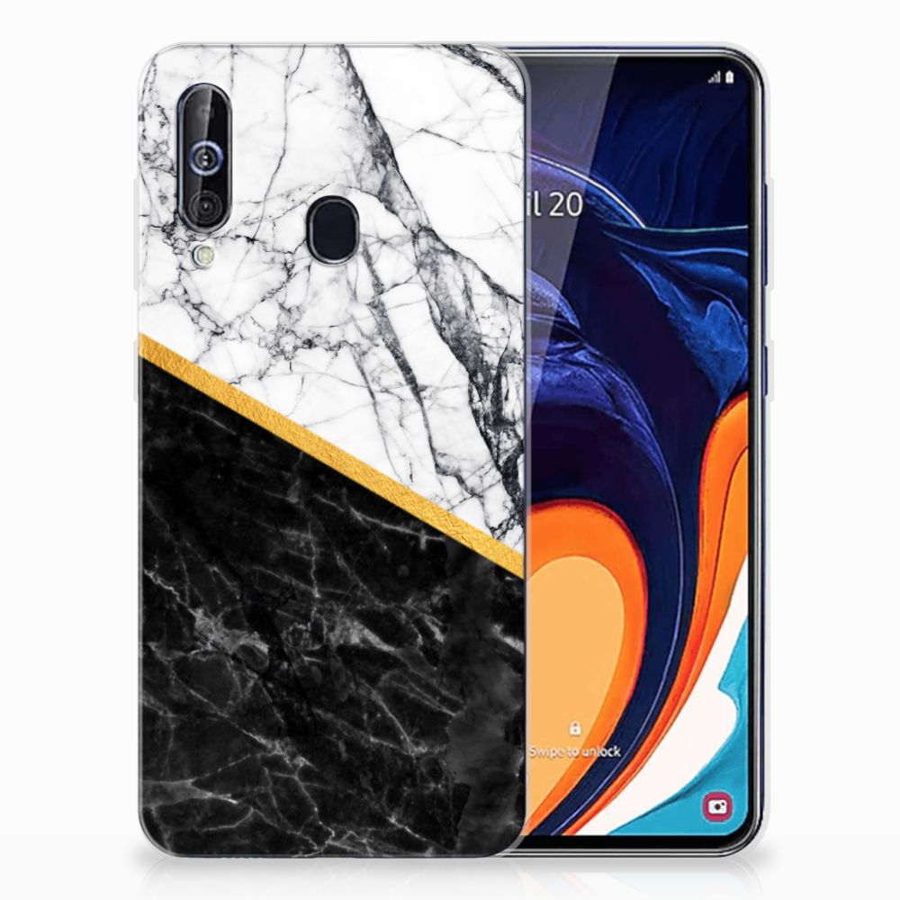 Samsung Galaxy A60 TPU Siliconen Hoesje Marmer Wit Zwart - Origineel Cadeau Man