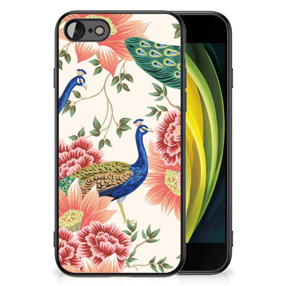 Dierenprint Telefoonhoesje voor iPhone SE 2022 | SE 2020 | 7/8 Pink Peacock met pauwen en bloemenpatroon.
