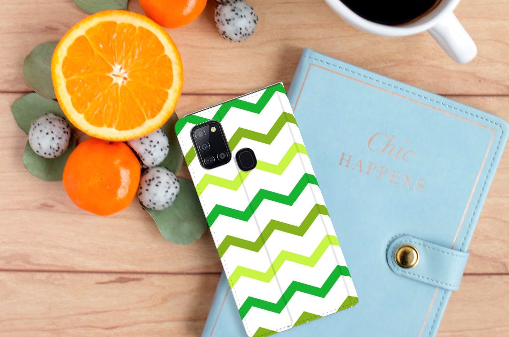 Samsung Galaxy A21s Hoesje met Magneet Zigzag Groen - B2C Telecom