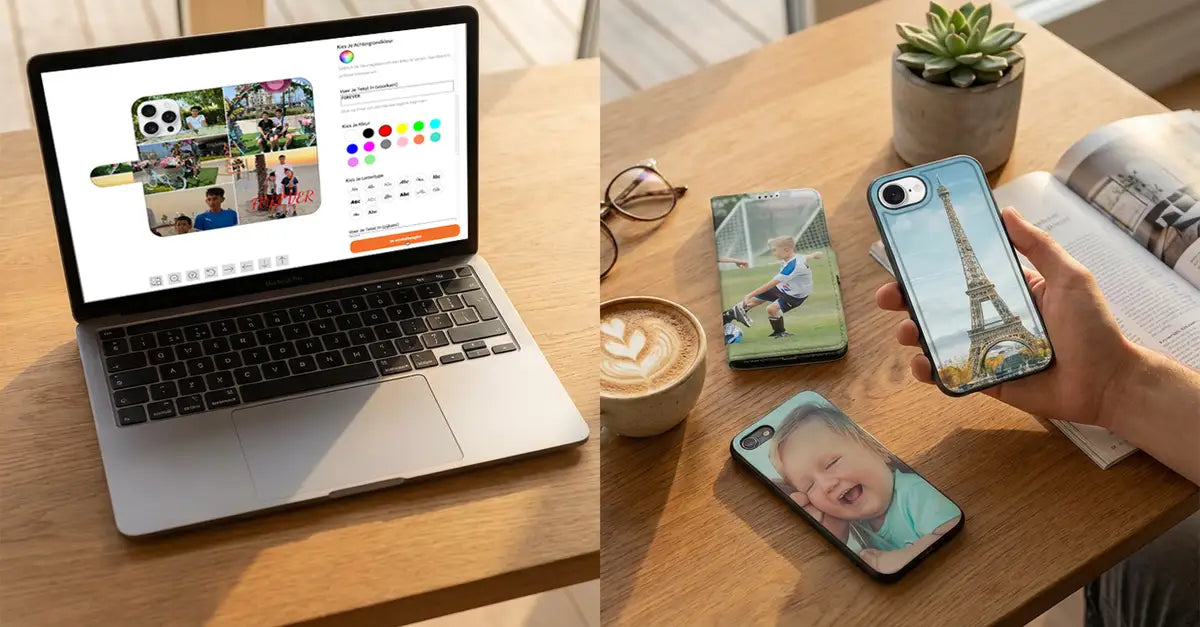 Banner met voorbeelden van gepersonaliseerde telefoonhoesjes met foto's van strand, familie en natuur - Ontwerp je eigen hoesje bij B2C Telecom