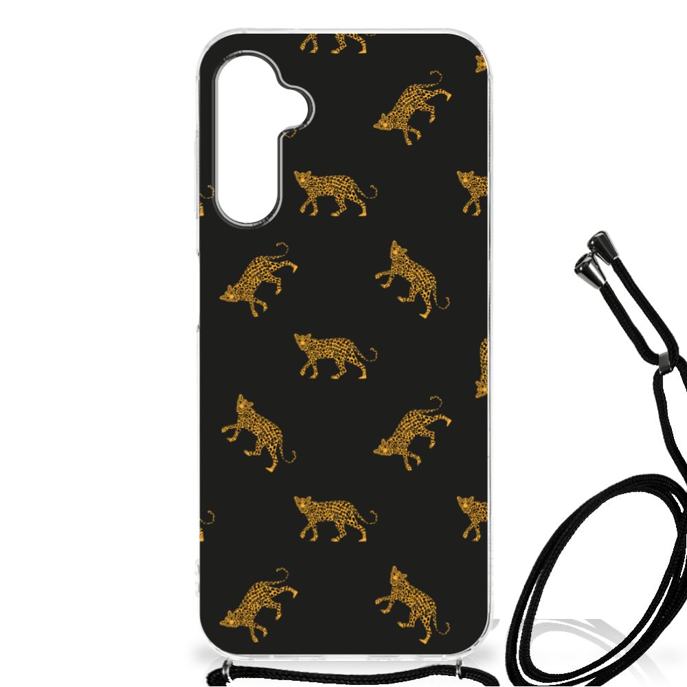 Case Anti-shock voor Samsung Galaxy A14 5G Leopards met luipaardenprint op een zwarte achtergrond.