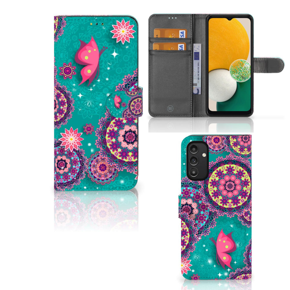 Samsung Galaxy A14 5G Hoesje Cirkels en Vlinders met kleurrijk design en dubbele functie als pasjeshouder.