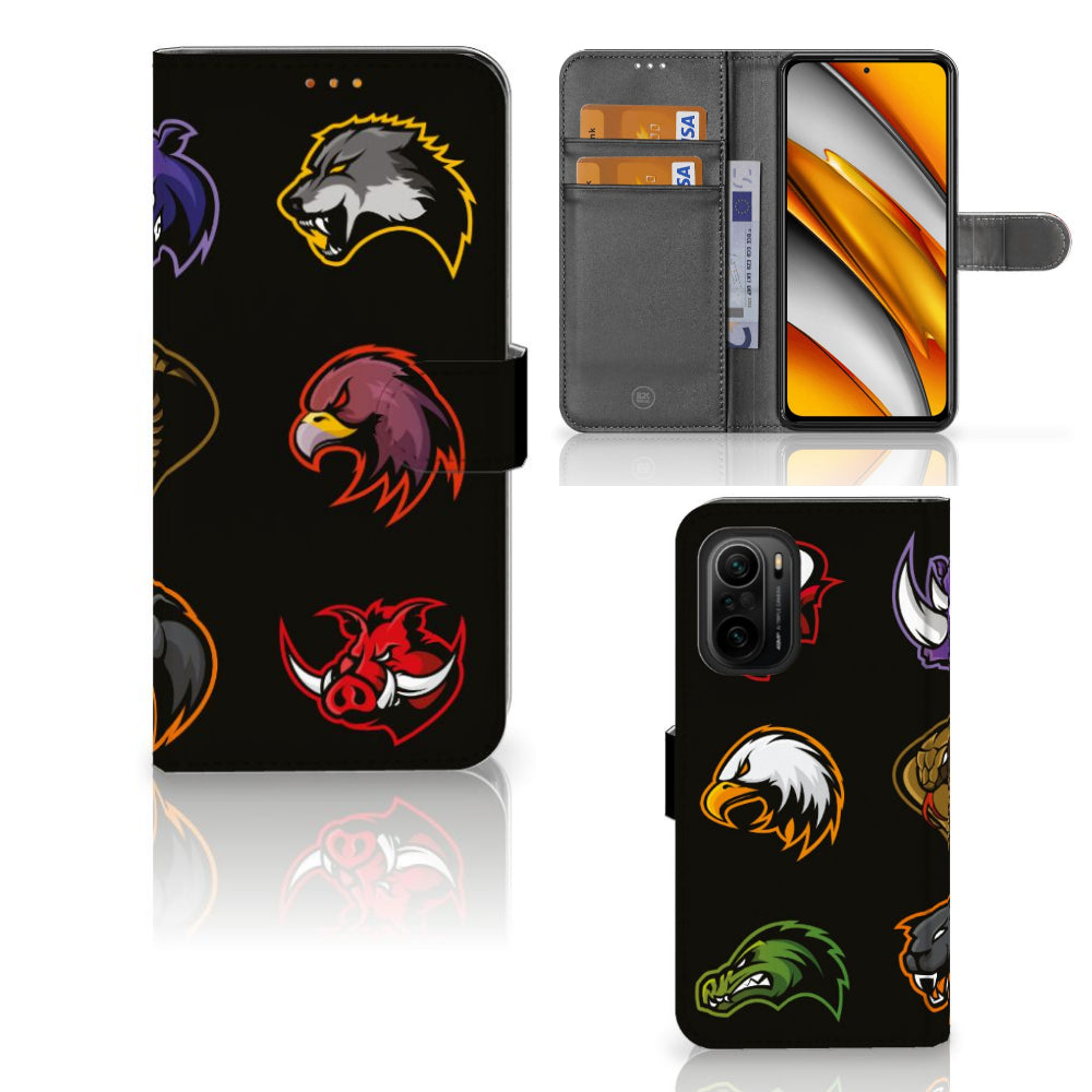 Poco F3 | Xiaomi Mi 11i Leuk Hoesje Cartoon met diverse cartoon logo's op een zwart achtergrond.