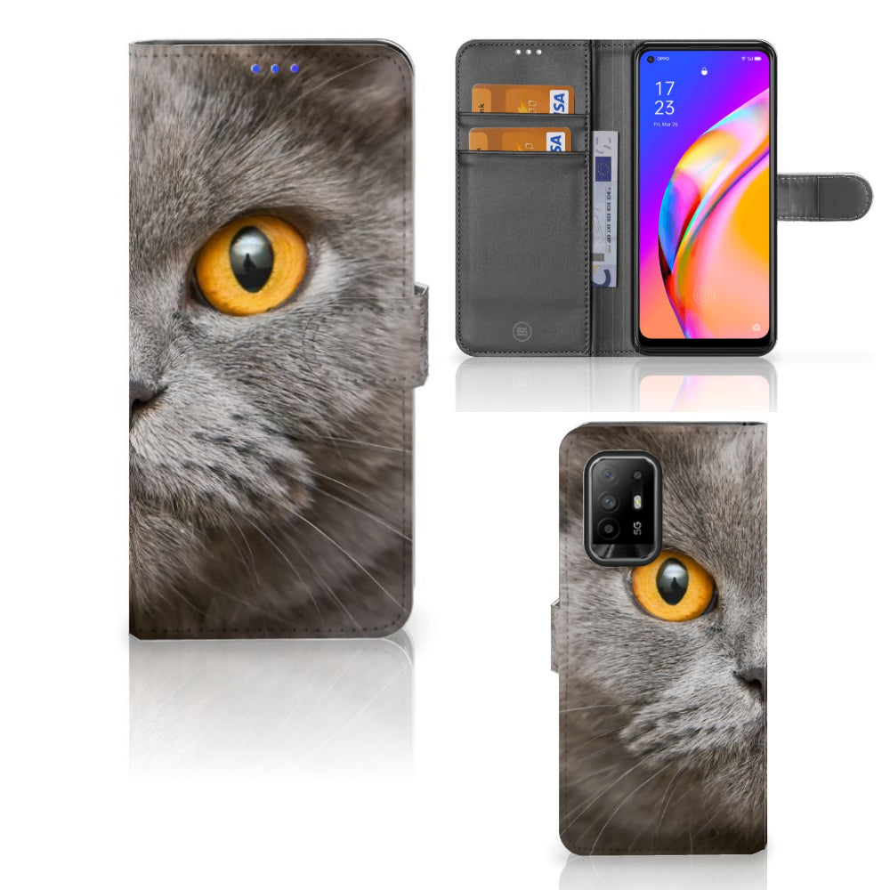 Telefoonhoesje met Pasjes OPPO Reno5 Z | A94 5G Britse Korthaar met grote gele ogen en magnetisch lipje.