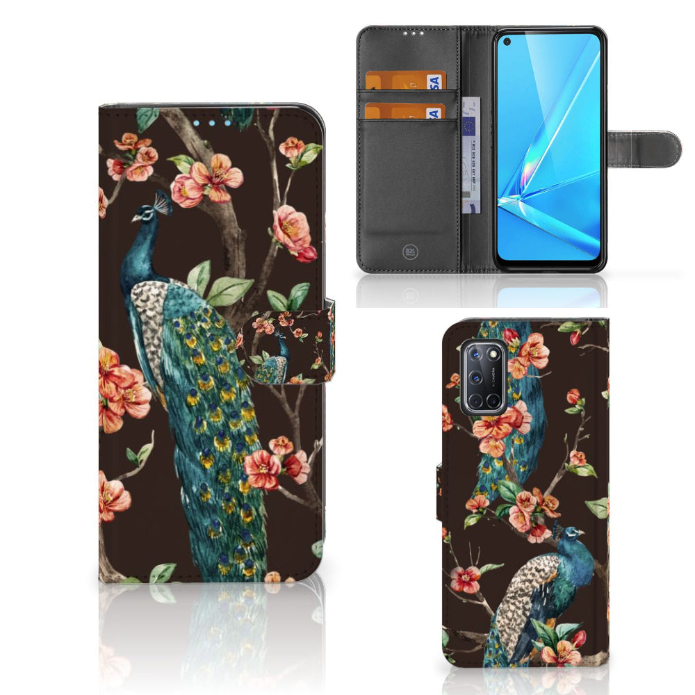 OPPO A72 | OPPO A52 Telefoonhoesje met Pasjes Pauw met Bloemen