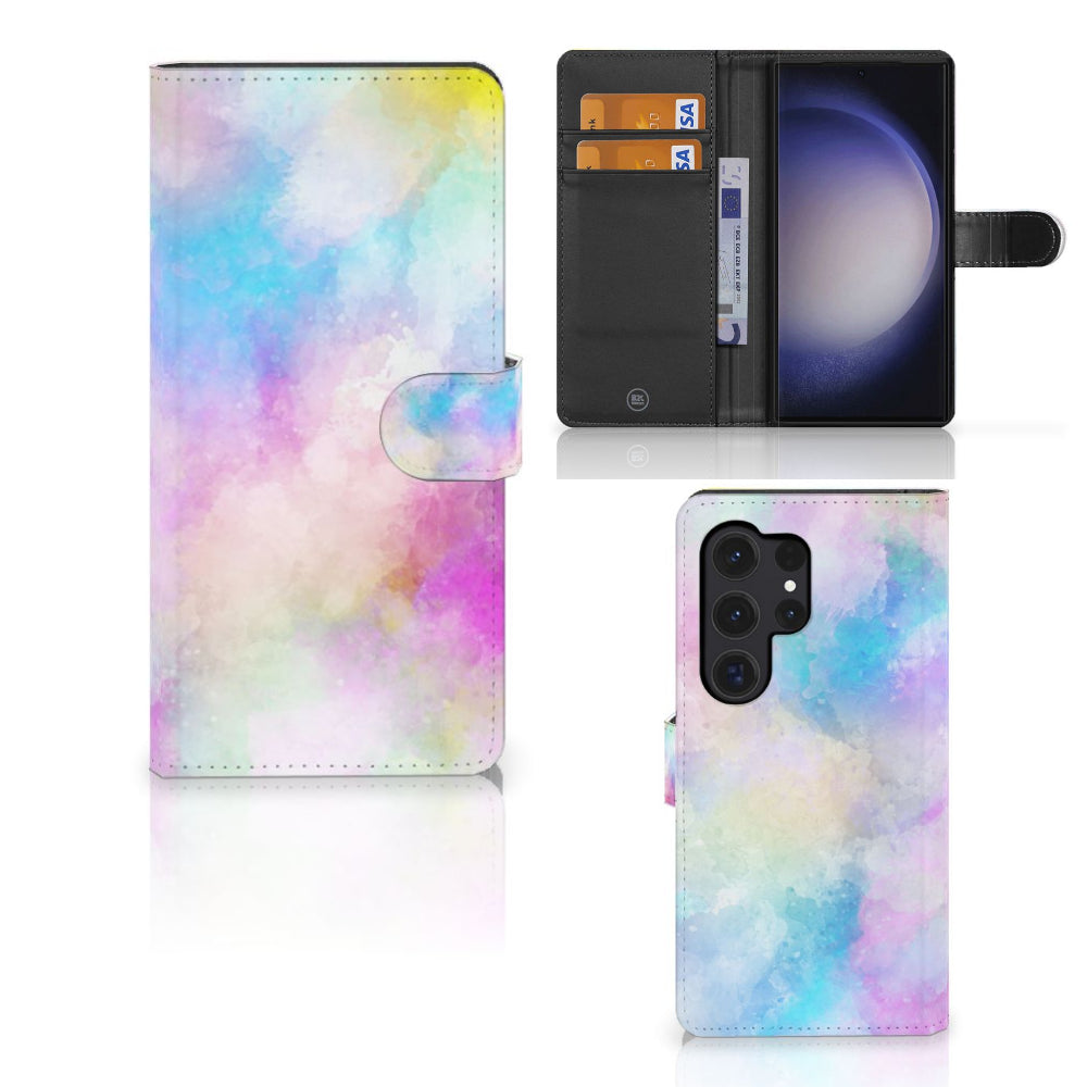 Hoesje Samsung Galaxy S24 Ultra Watercolor Light met pasjeshouder in pastelkleuren en unieke waterverfafbeelding.