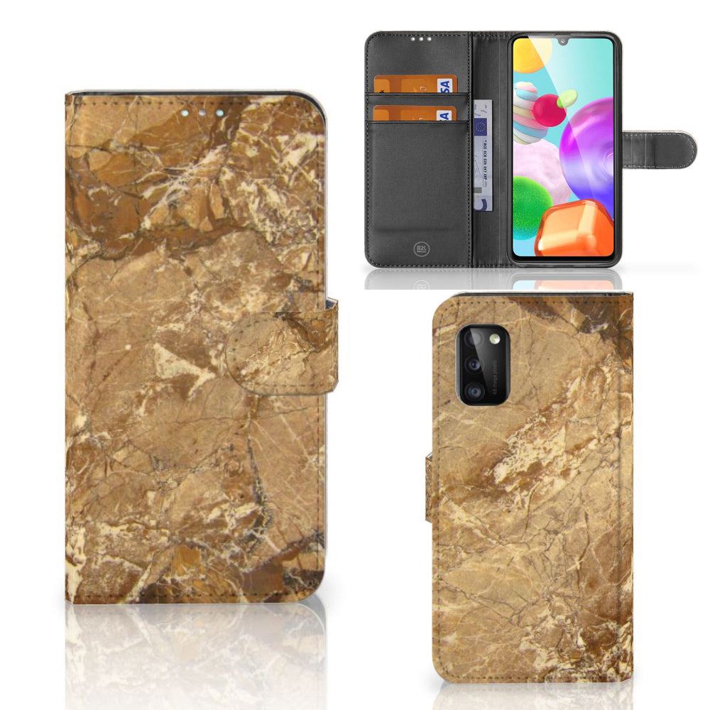 Samsung Galaxy A41 Bookcase Marmer Creme met pasjes en luxe marmer uitstraling, beschermend hoesje voor je telefoon.