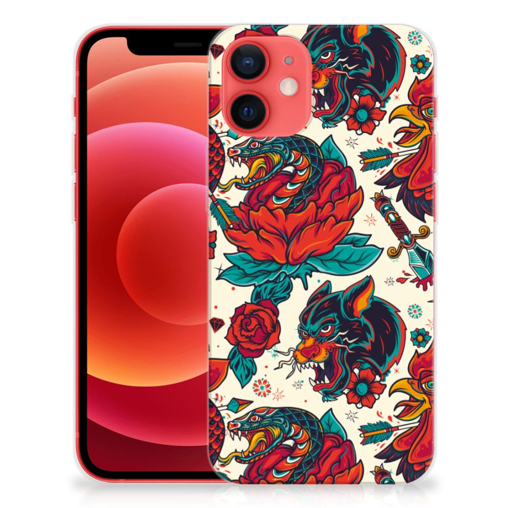 Siliconen Hoesje met foto voor iPhone 12 Mini Old Skool met kleurrijk tatoeage-design van rozen en dieren.