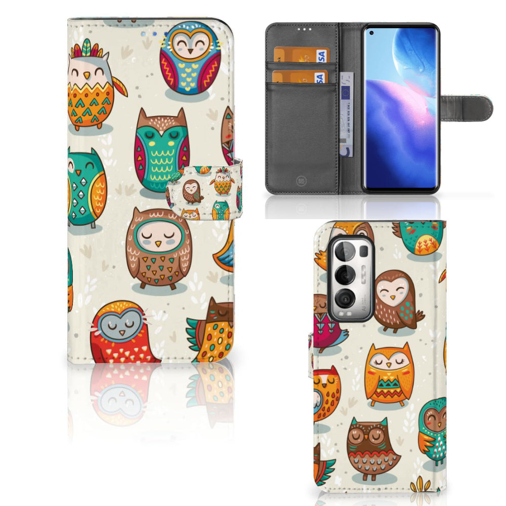 OPPO Find X3 Neo 5G Telefoonhoesje met Pasjes Vrolijke Uilen