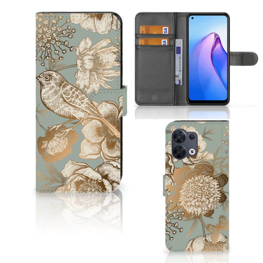 OPPO Reno8 hoesje voor OPPO Reno8 Vintage Bird Flowers vooraanzicht detail.