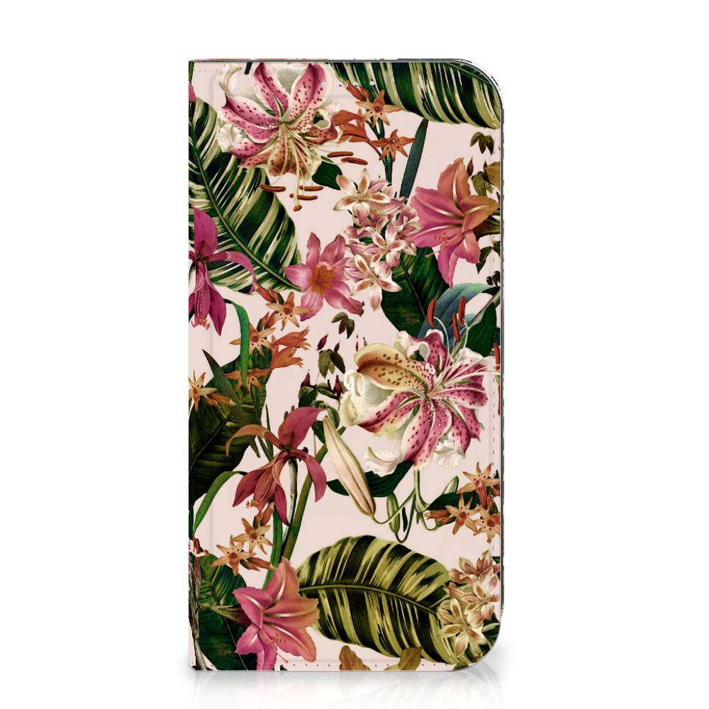 iPhone 15 Plus Smart Cover Flowers met paarswitte bloemen en groene bladeren voor een stijlvolle look đ¸