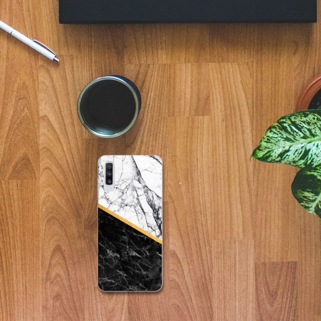 Samsung Galaxy A70 TPU Siliconen Hoesje Marmer Wit Zwart - Origineel Cadeau Man