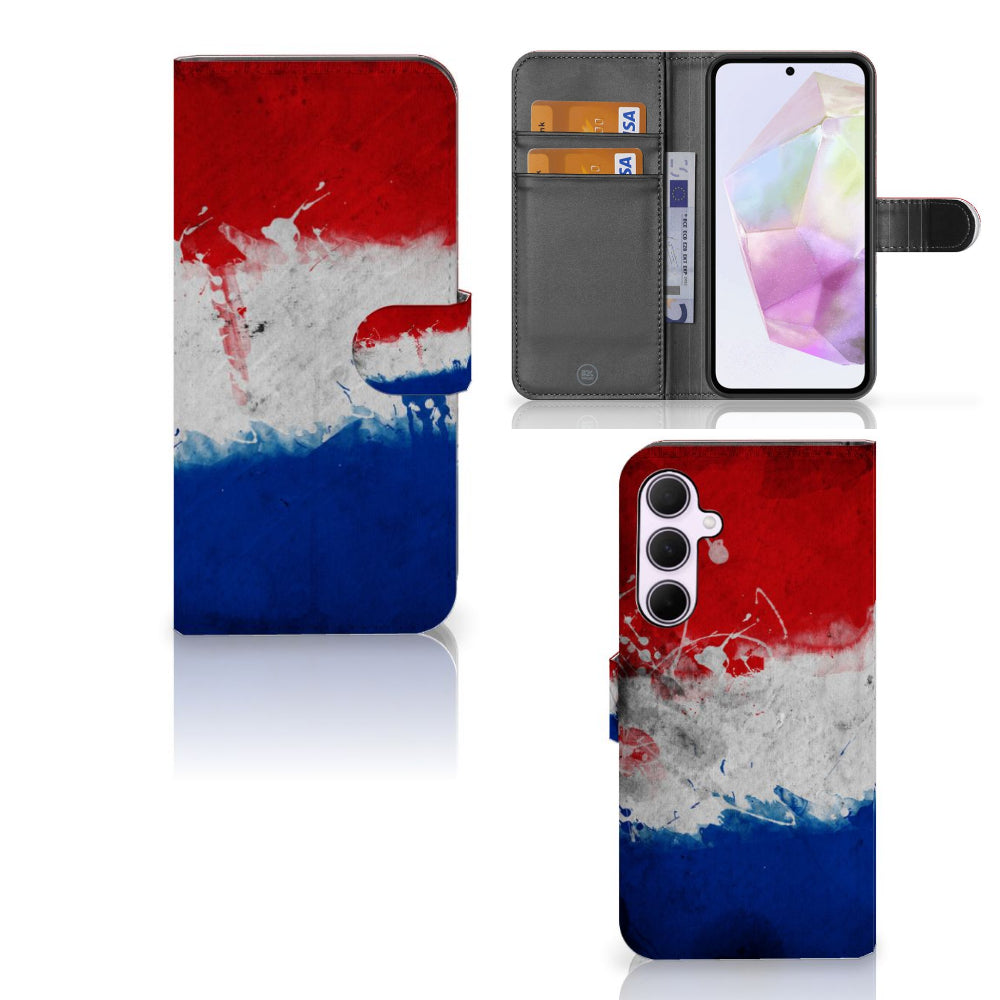 Samsung Galaxy A35 Bookstyle Case Nederland met artistiek ontwerp van de Nederlandse vlag en ruimte voor pasjes.
