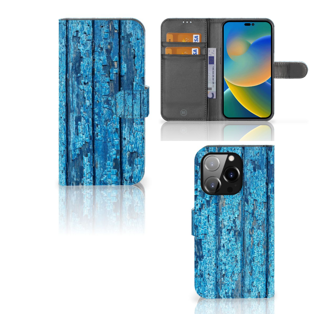 iPhone 14 Pro Book Style Case Wood Blue met afgebladderd blauw hout en houders voor pasjes đŗ.