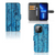 iPhone 13 Pro Book Style Case Wood Blue met afgebladderd blauw hout, binnenkant met houders voor passen en briefgeld.