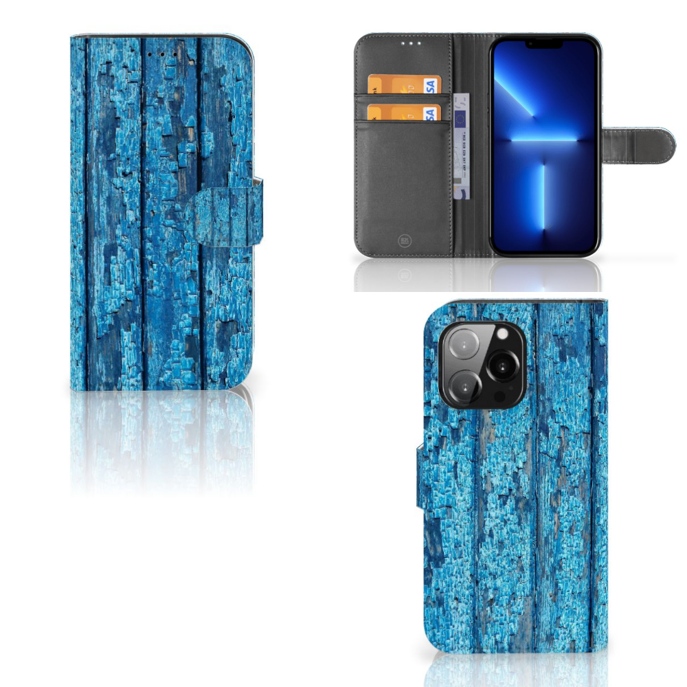 iPhone 13 Pro Book Style Case Wood Blue met afgebladderd blauw hout, binnenkant met houders voor passen en briefgeld.