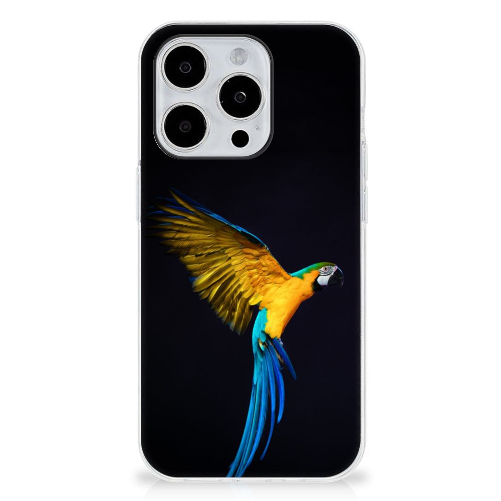 iPhone 15 Pro TPU Hoesje Papegaai met kleurrijke papegaai op zwart