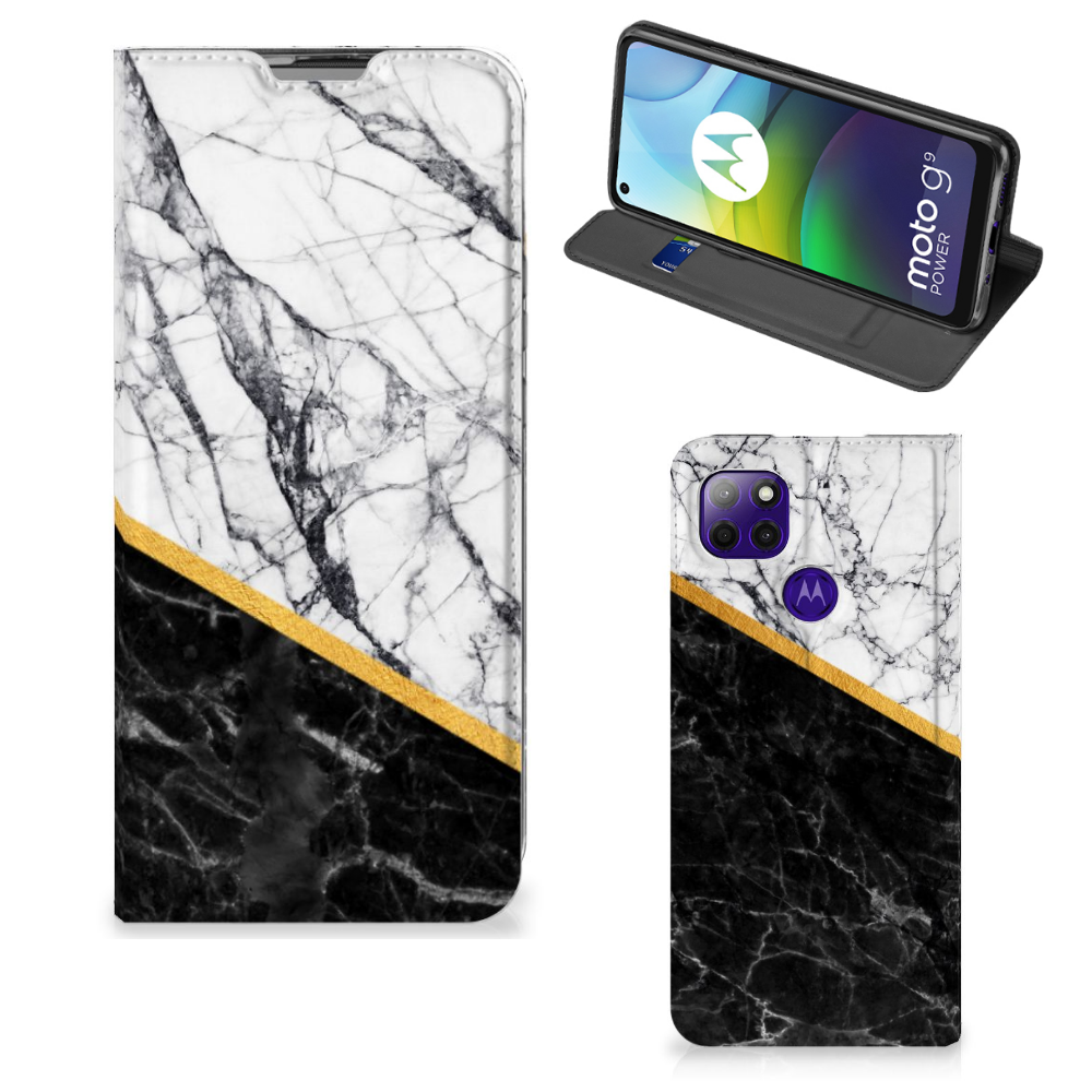 Motorola Moto G9 Power Standcase Marmer Wit Zwart - Origineel Cadeau Man - B2C Telecom