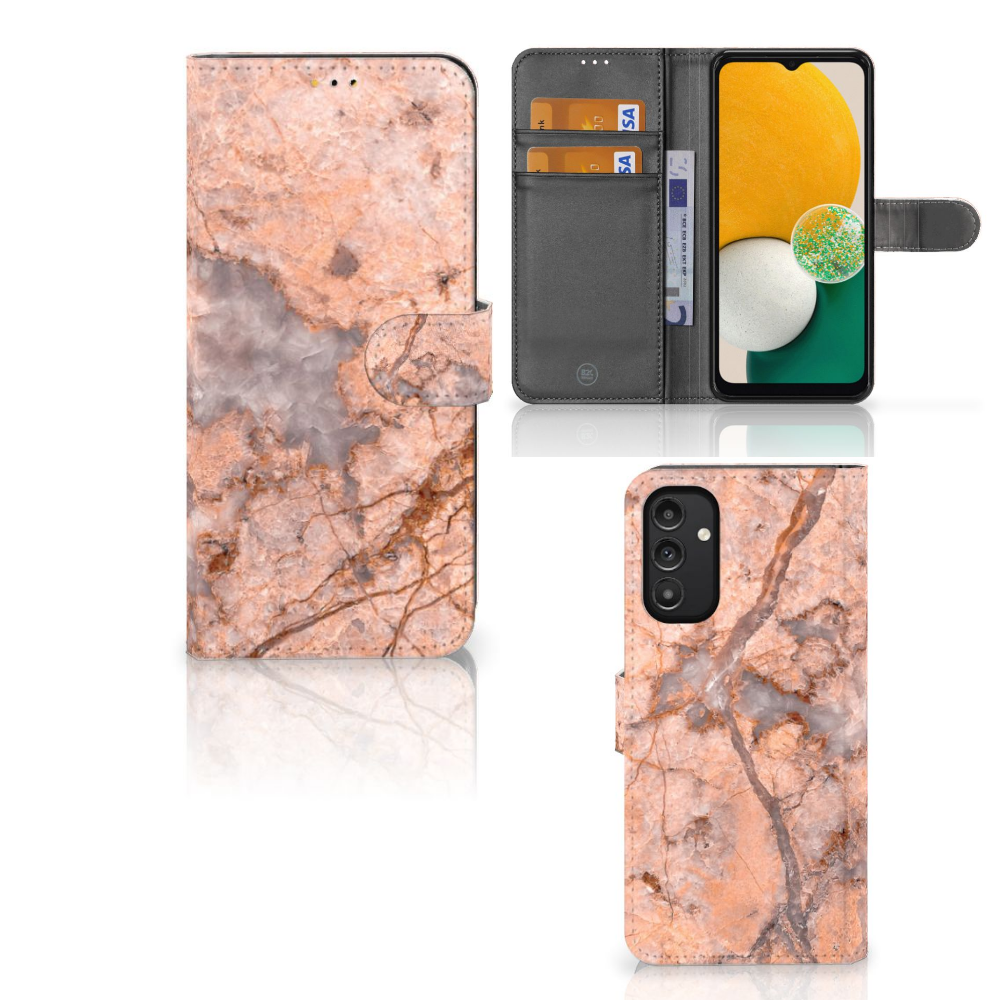 Samsung Galaxy A14 5G Bookcase Marmer Oranje â Luxe boekhoes met unieke oranje marmer print en pasjeshouder.