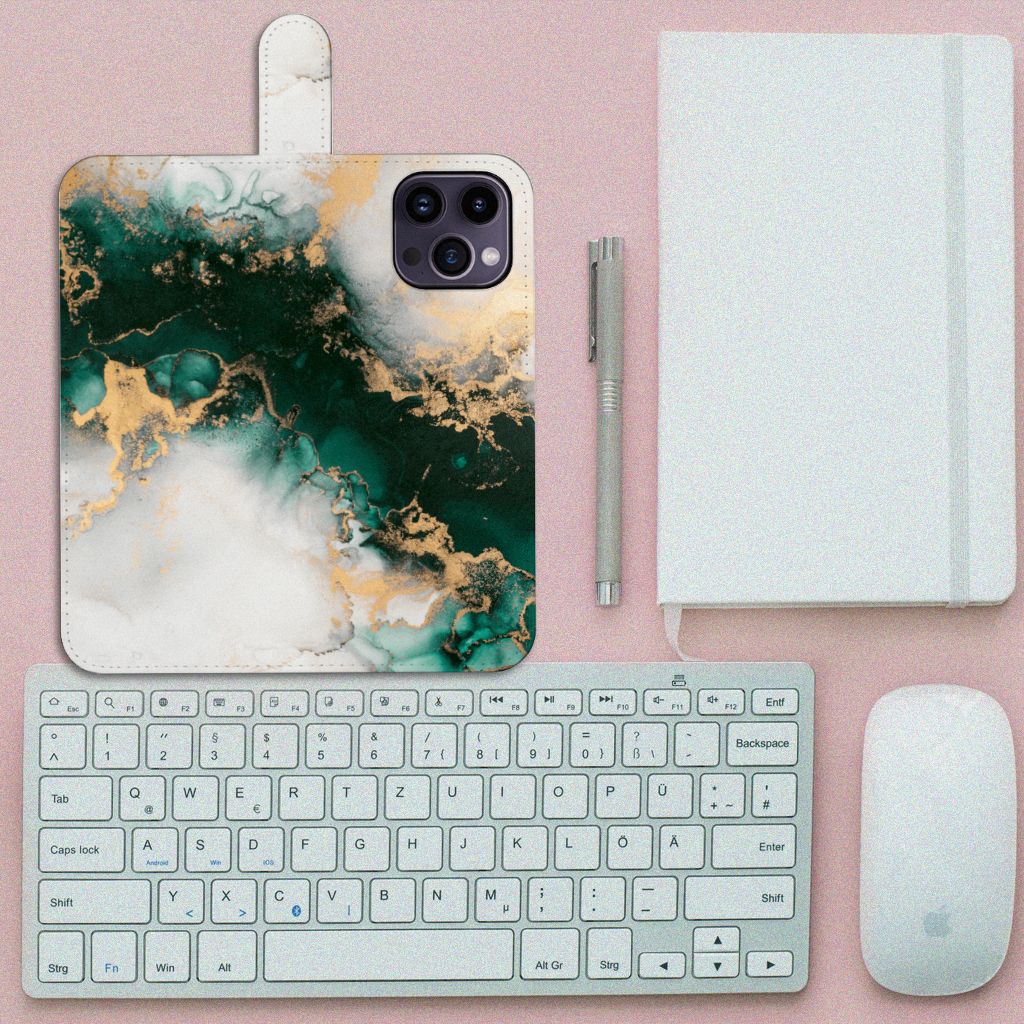 Bookcase voor iPhone 15 Pro Max Marmer Groen met luxe design van goud en groen đŋ