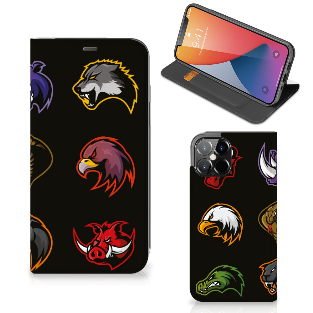 iPhone 12 Pro Max Magnet Case Cartoon with colorful animal designs on a black background.