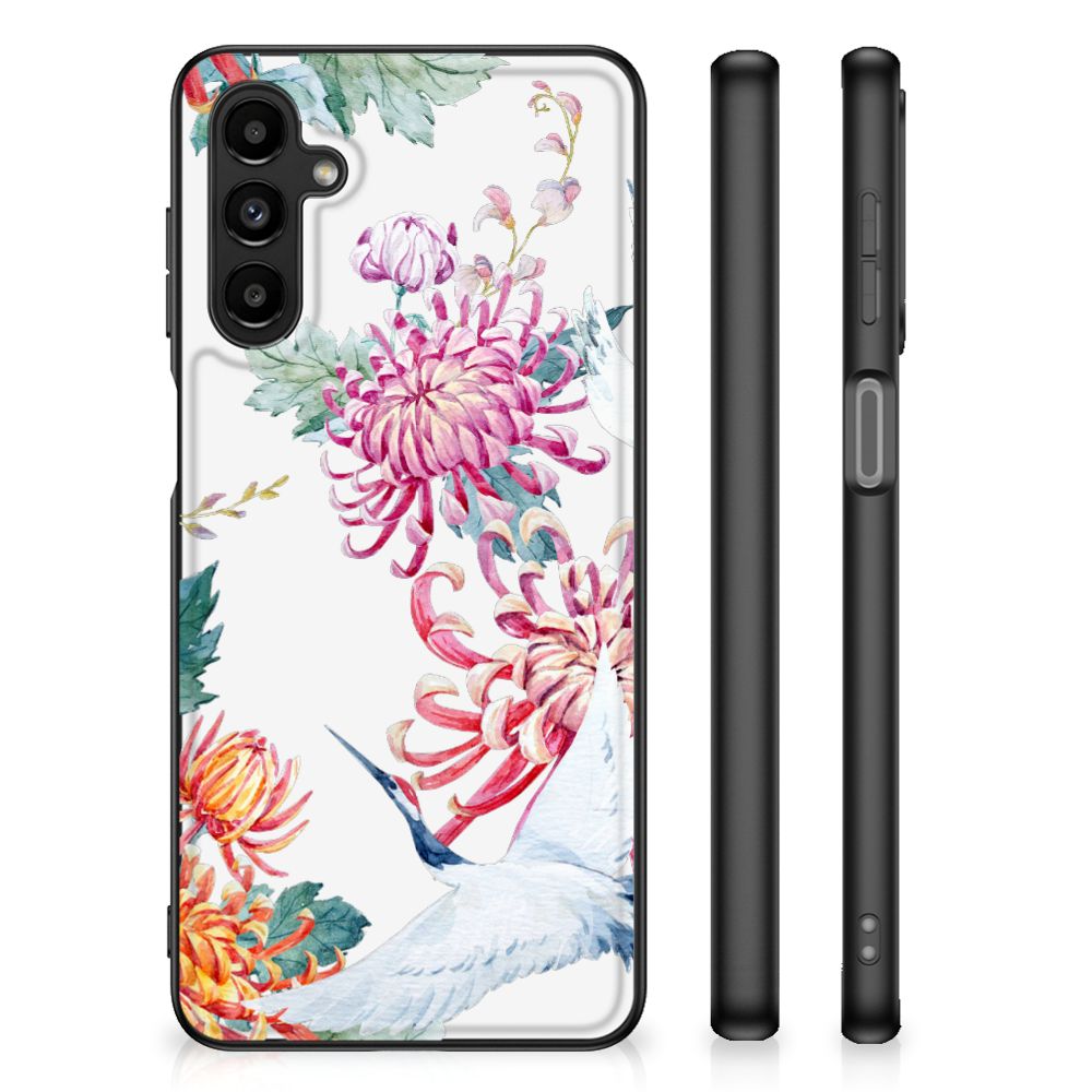 Samsung Galaxy A14 5G Dierenprint Telefoonhoesje Bird Flowers met kleurrijke bloemen en vogels op een witte achtergrond.