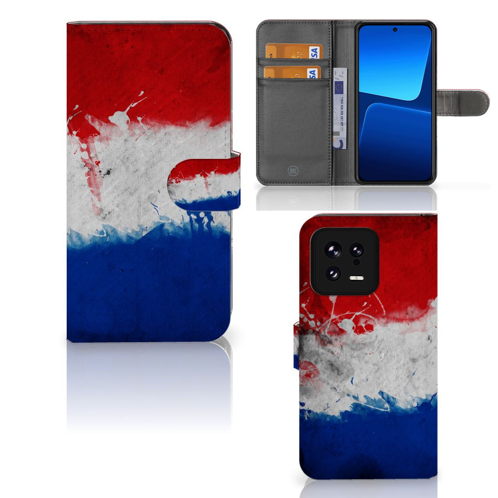 Xiaomi 13 Bookstyle Case Nederland met Nederlandse vlag in artistiek design en ruimte voor pasjes.