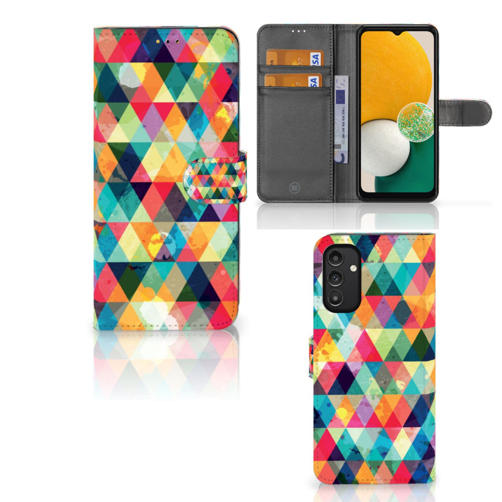 Samsung Galaxy A14 5G Telefoon Hoesje Geruit met kleurrijk ruitjesdesign en ruimte voor 3 pasjes.