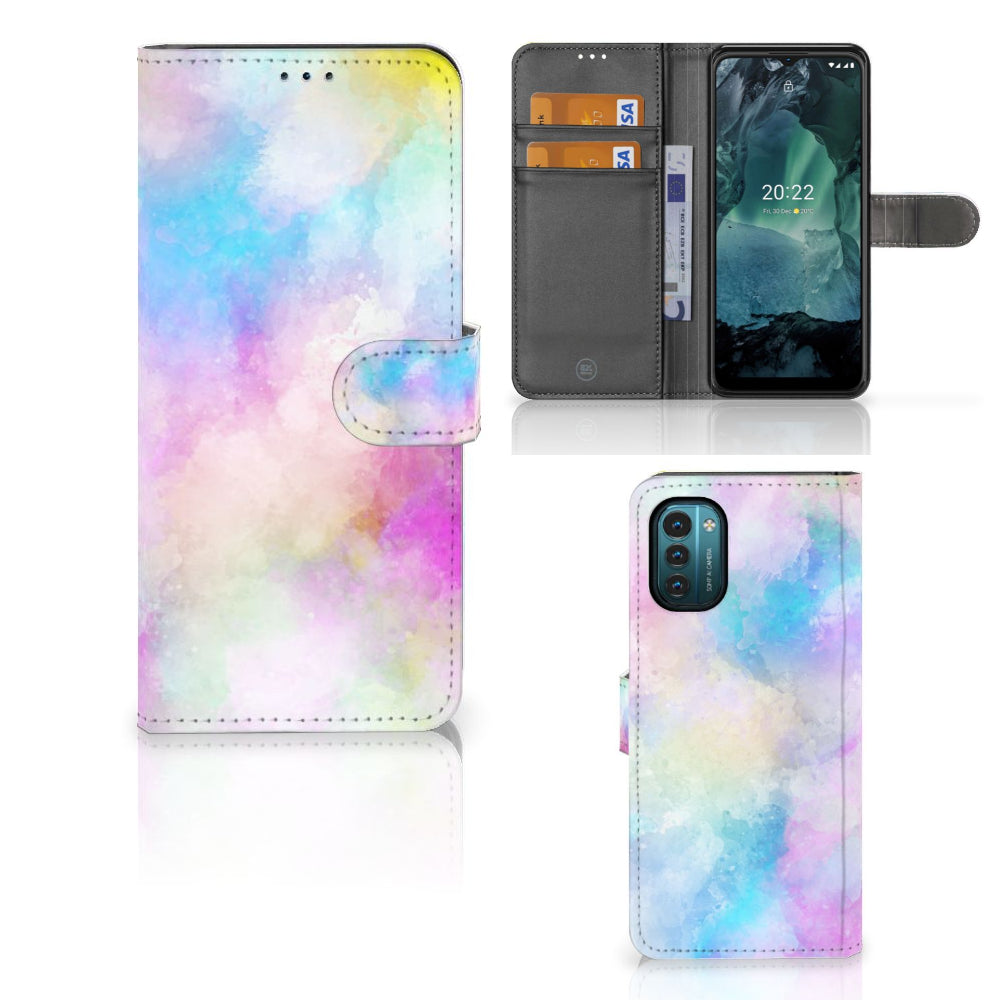 Hoesje Nokia G11 | G21 Watercolor Light met pastelkleuren en pasjeshouder, uniek en kleurrijk design.