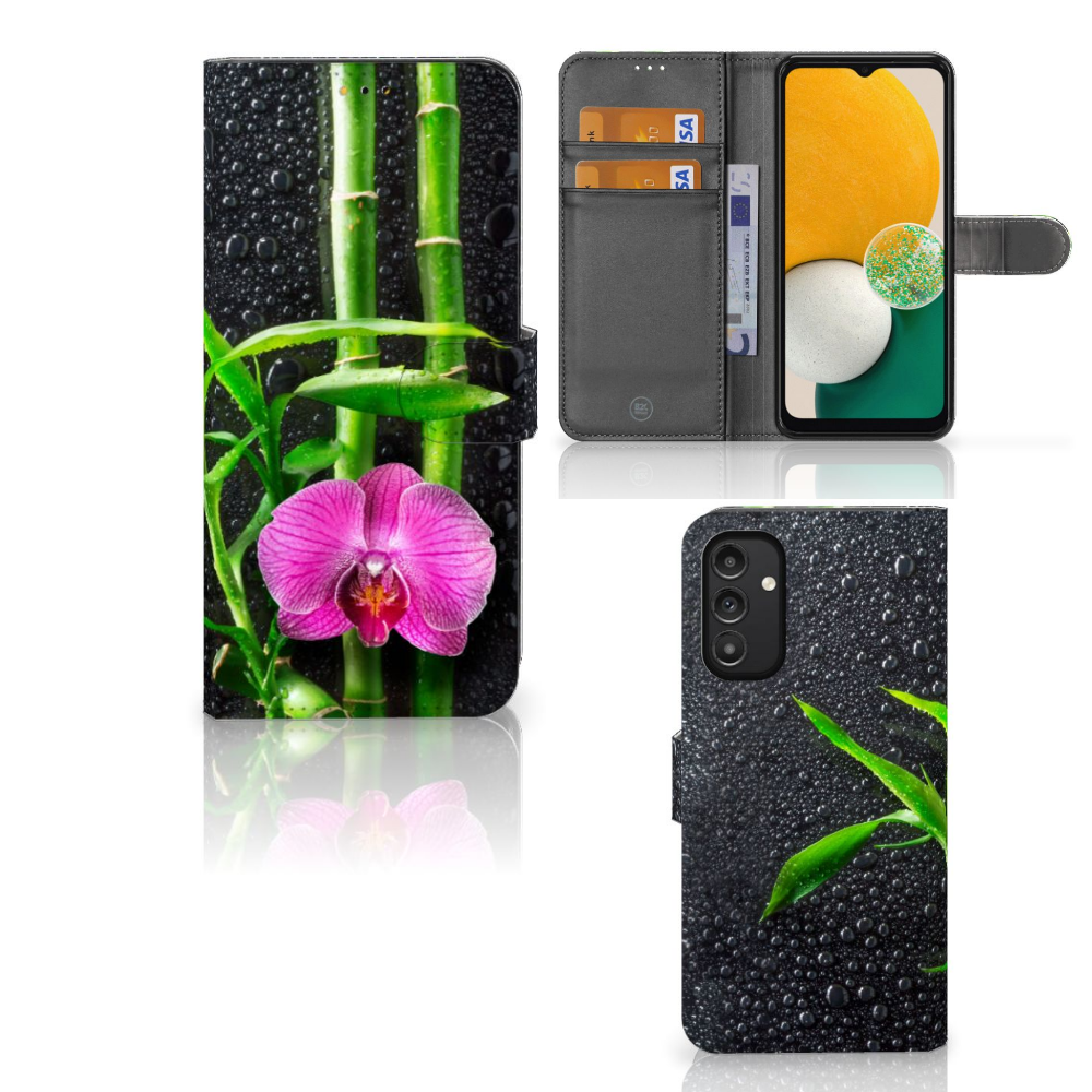 Samsung Galaxy A14 5G Hoesje Orchidee met paarse orchidee en bamboe design, ideaal voor elegante bescherming.