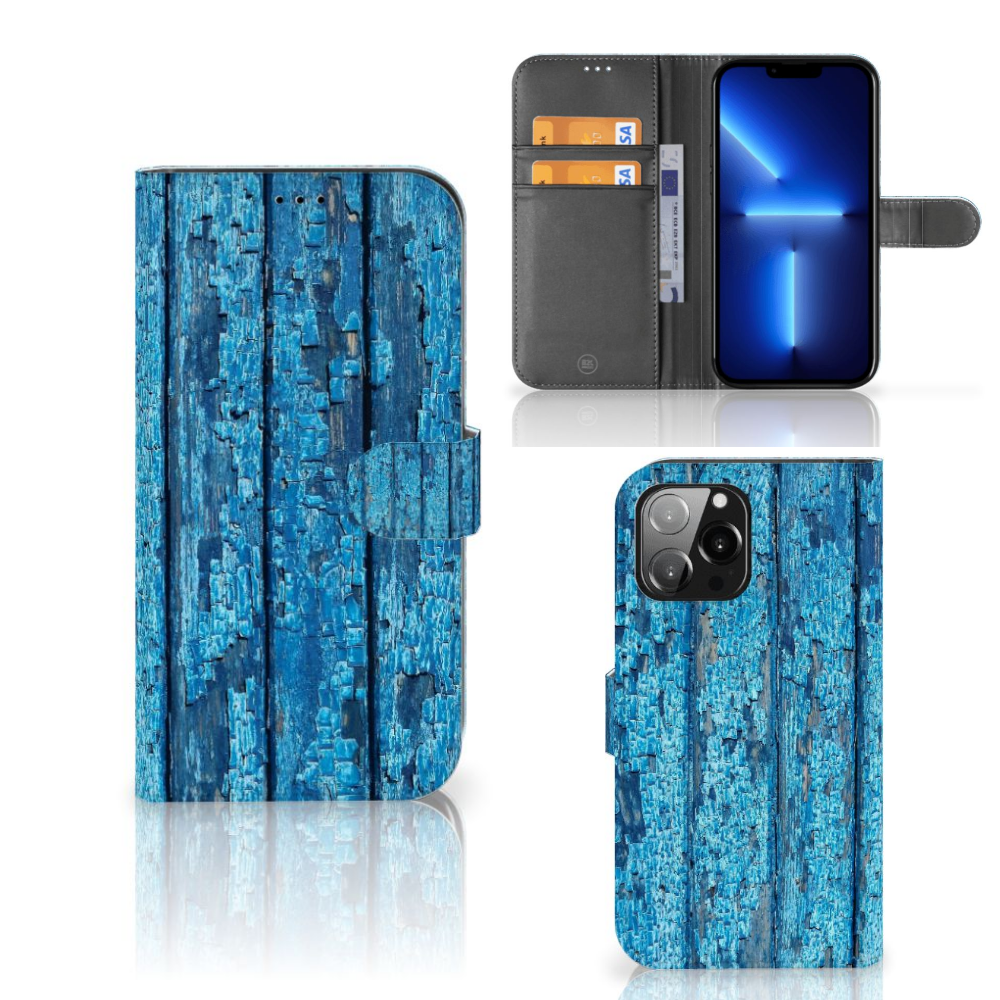 iPhone 13 Pro Max Book Style Case Wood Blue met blauw afgebladderd houten ontwerp en bijbehorende binnenkant. đą