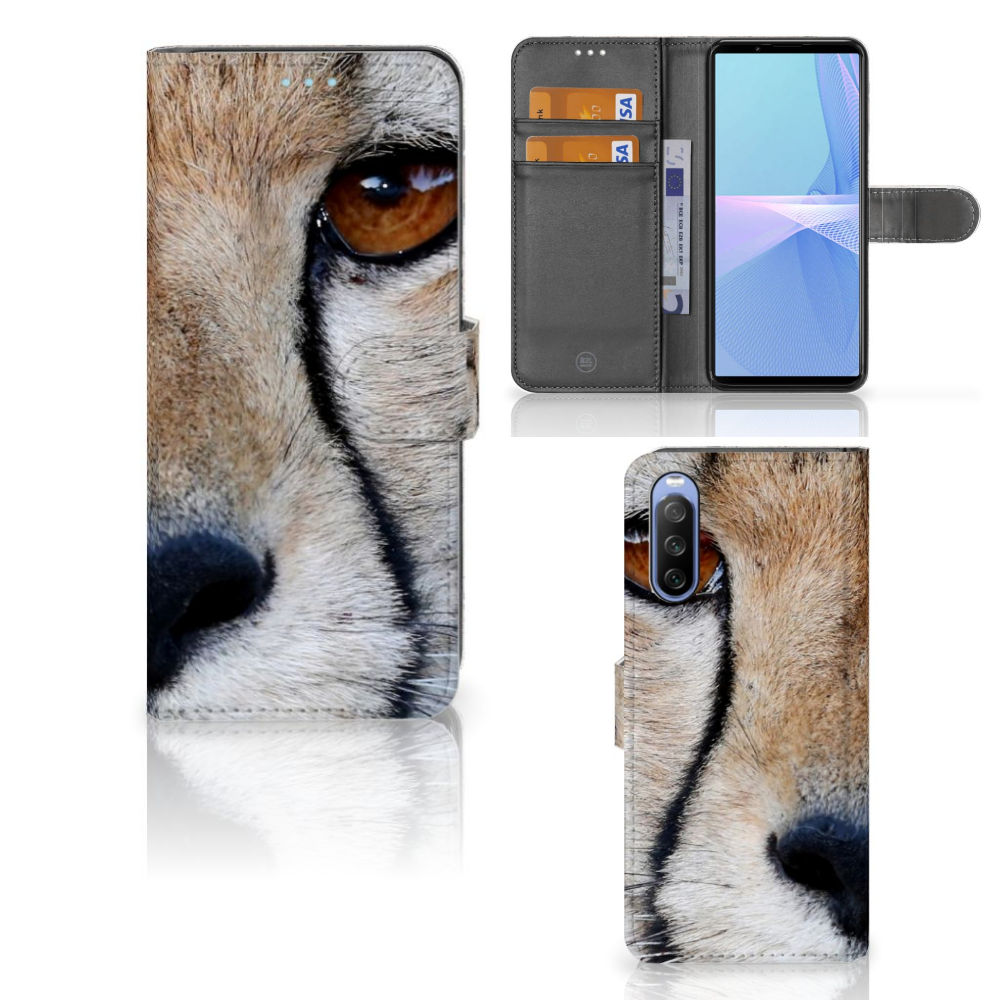 Sony Xperia 10 III Telefoonhoesje met Pasjes Cheetah met close-up van cheeta's gezicht en pasjesruimte.
