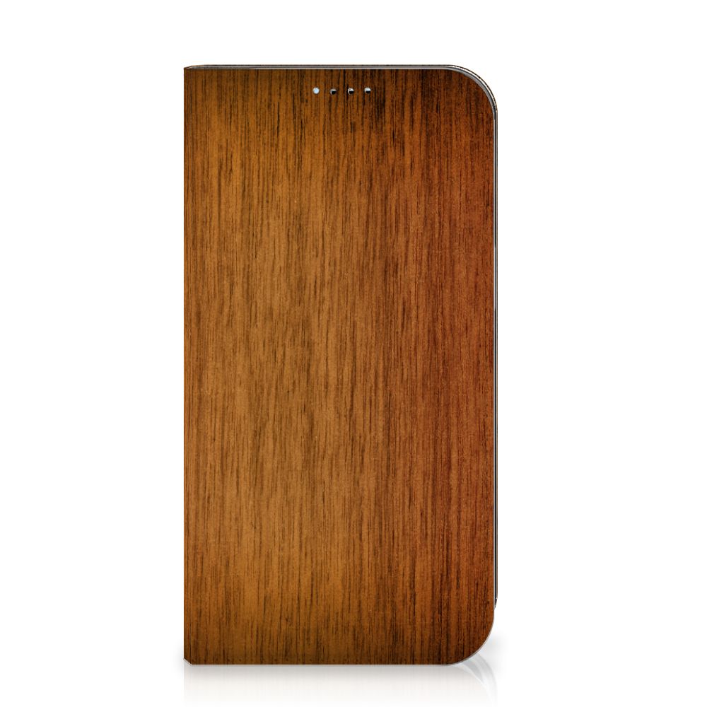 iPhone 15 Book Wallet Case Donker Hout met een elegant houten ontwerp.