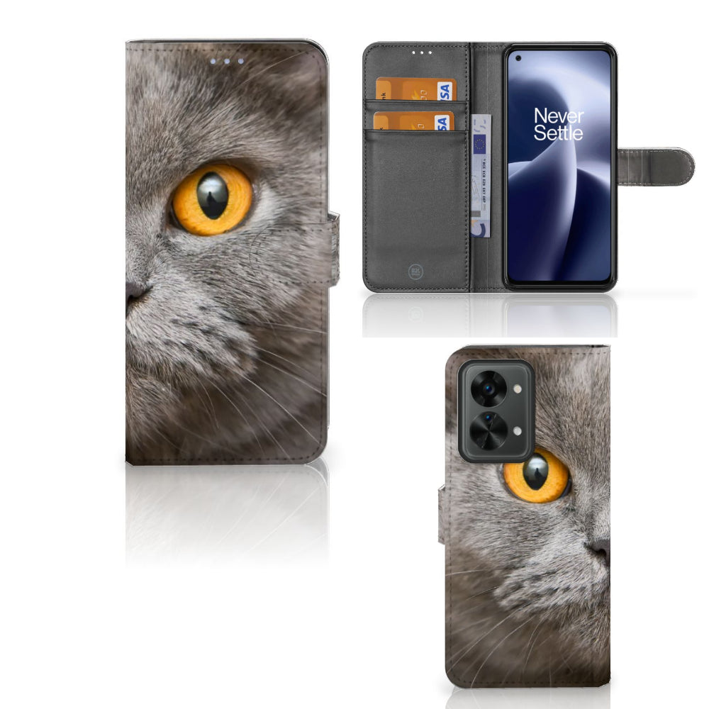 Telefoonhoesje met Pasjes OnePlus Nord 2T Britse Korthaar met afbeelding van een Britse korthaar kat.