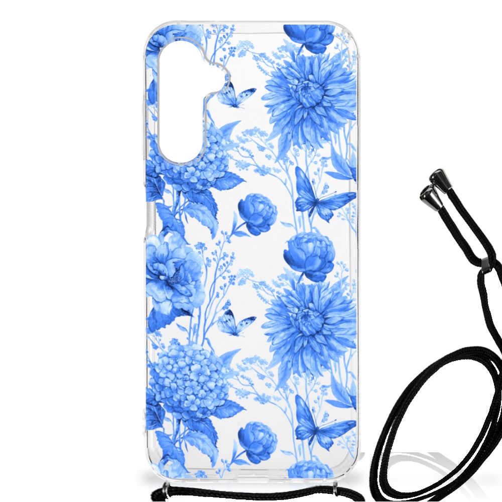 Case voor Samsung Galaxy A14 5G Flowers Blue met blauwe bloemenprint en bijpassend koord.