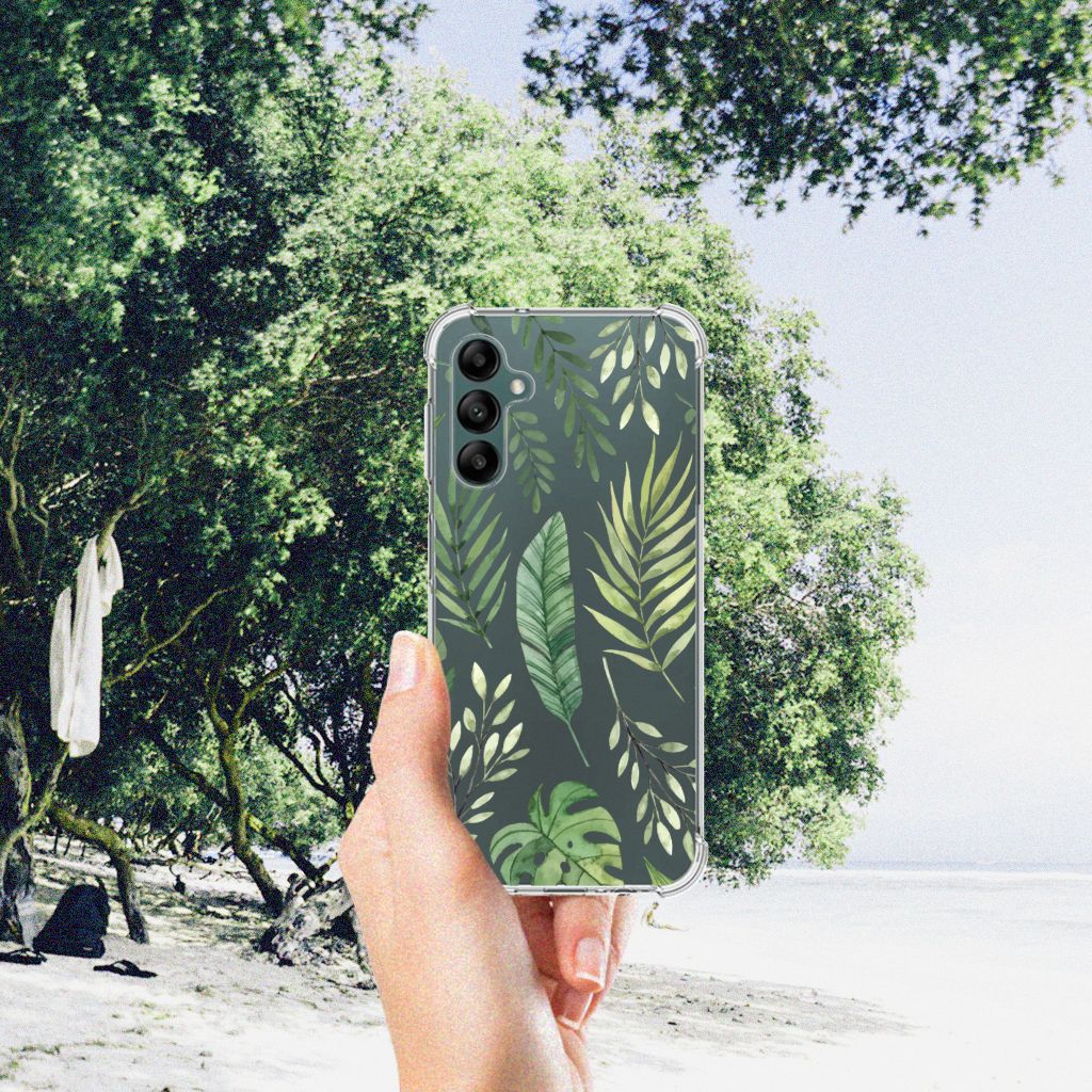 Samsung Galaxy A14 5G/4G Case Leaves with leaf design held in hand against a nature backdrop.