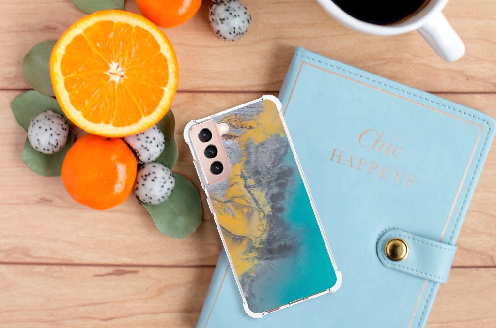 Samsung Galaxy S21 FE Anti-Shock Hoesje Marble Blue Gold B2C Telecom
