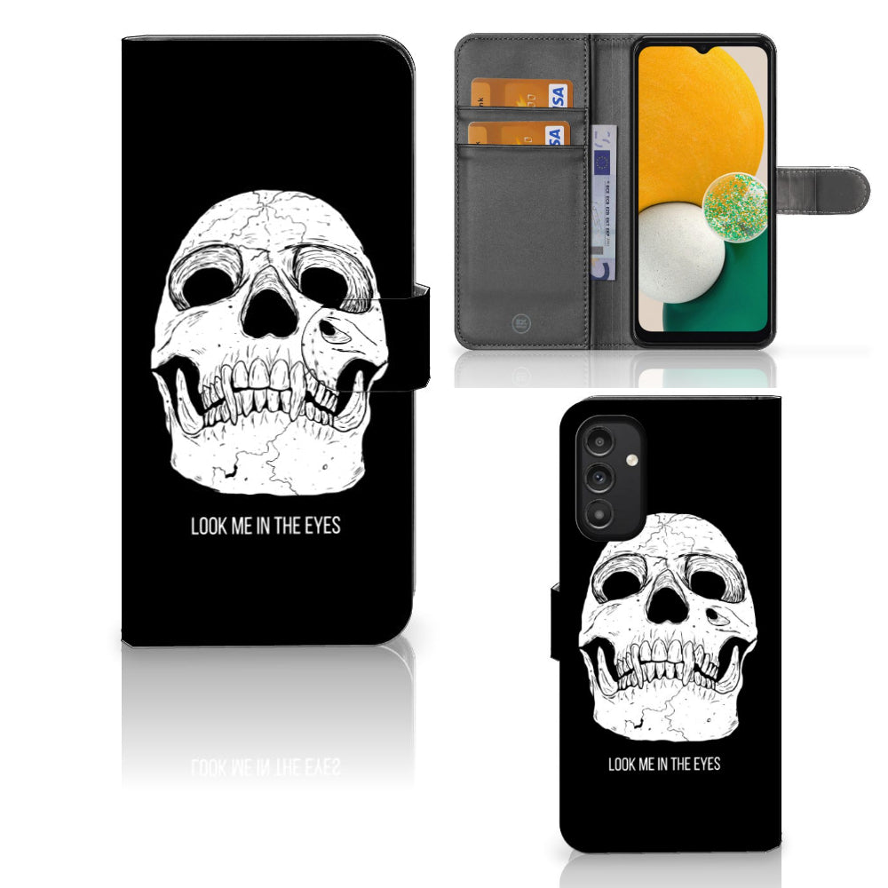 Telefoonhoesje met Naam Samsung Galaxy A14 4G Skull Eyes met zwarte schedel en ruimte voor pasjes.