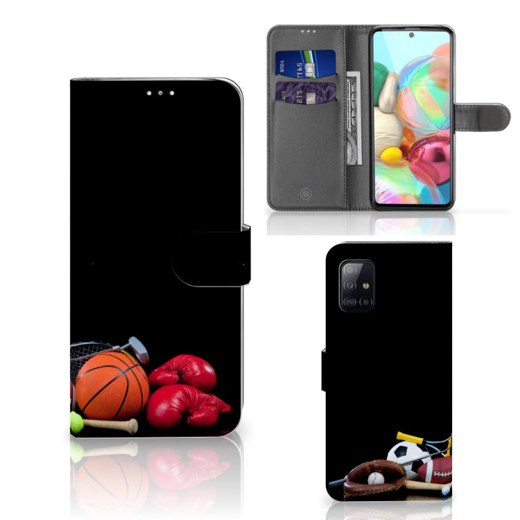 Samsung Galaxy A71 Wallet Case met Pasjes Sports met sportuitrusting zoals basketballen en bokshandschoenen.