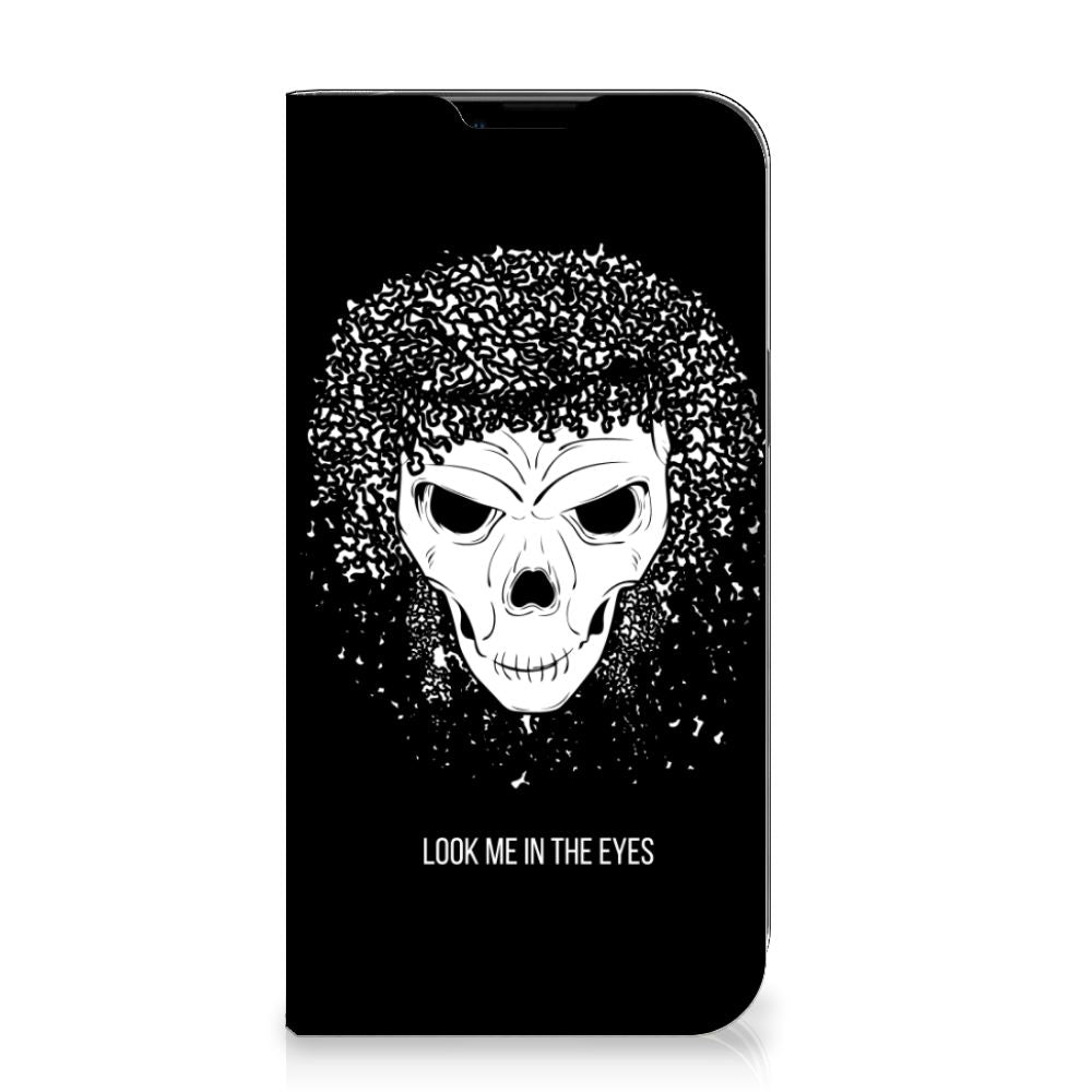 Mobiel BookCase Apple iPhone 14 Plus Skull Hair met uniek skull design en tekst 'LOOK ME IN THE EYES'.