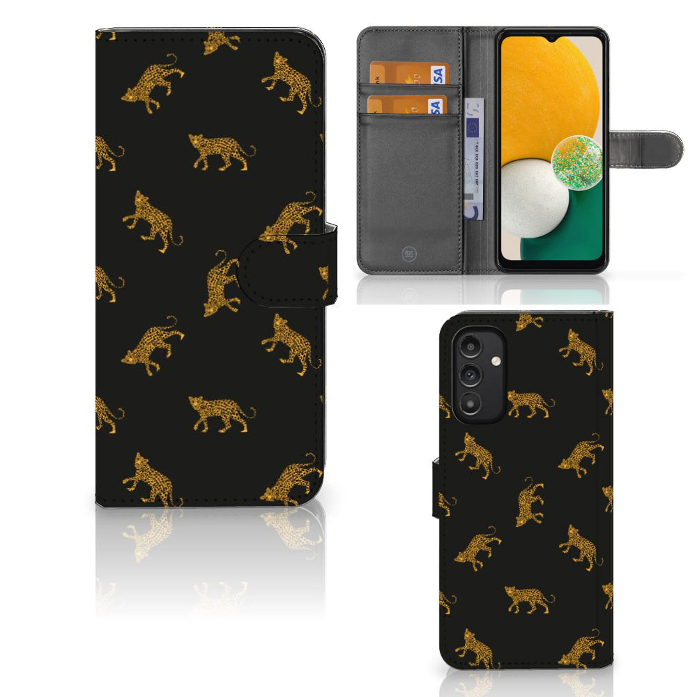 Telefoonhoesje met Pasjes voor Samsung Galaxy A14 4G Leopards met luipaardprint en ruimte voor pasjes.