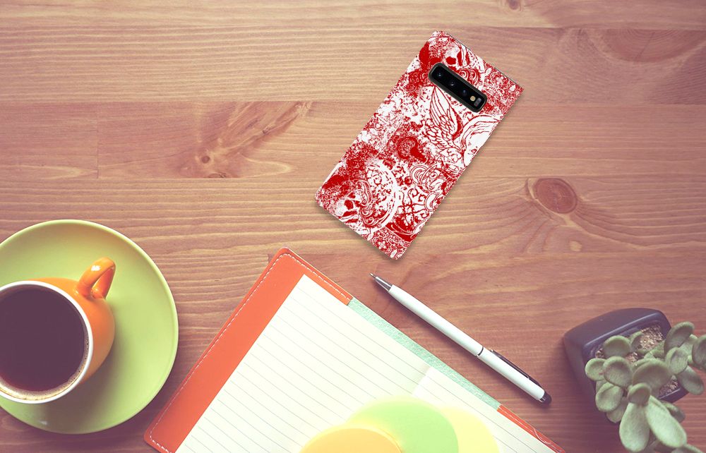 Mobiel BookCase Samsung Galaxy S10 Plus Angel Skull Rood