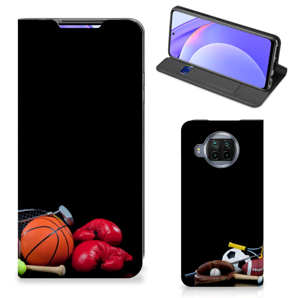 Xiaomi Mi 10T Lite Hippe Standcase Sports with sports equipment design featuring basketball, boxing gloves, and more.