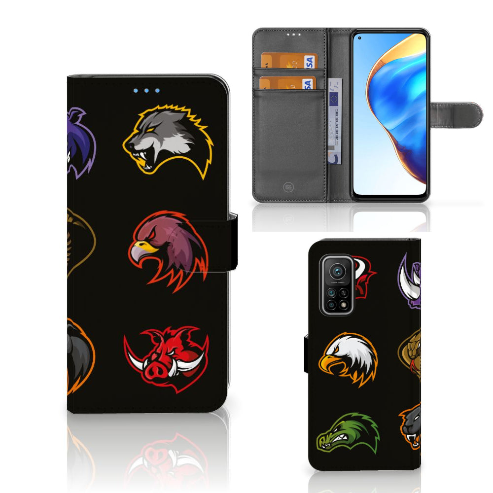 Xiaomi Mi 10T Pro | Mi 10T Leuk Hoesje Cartoon met verschillende dieren afbeeldingen op een zwart boekhoesje.