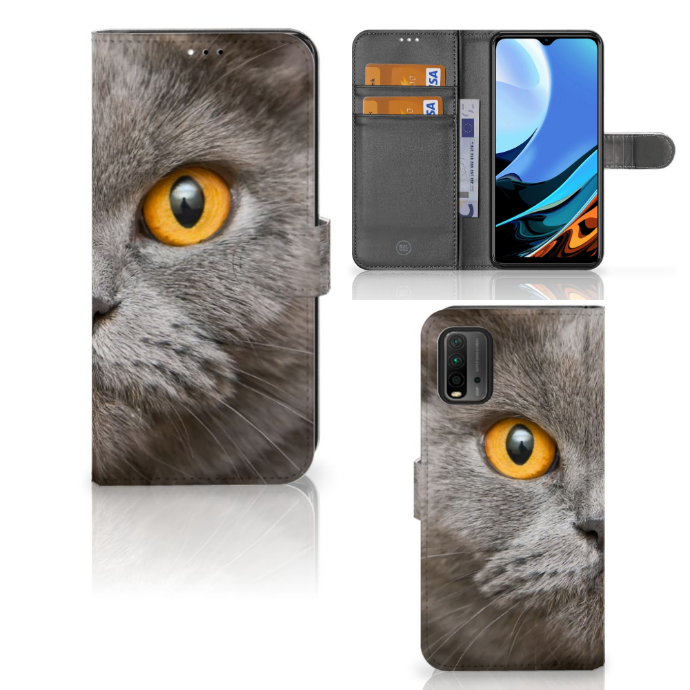 Telefoonhoesje met Pasjes Xiaomi Redmi 9T | Poco M3 Britse Korthaar met grijze kat en ovale oranje ogen.