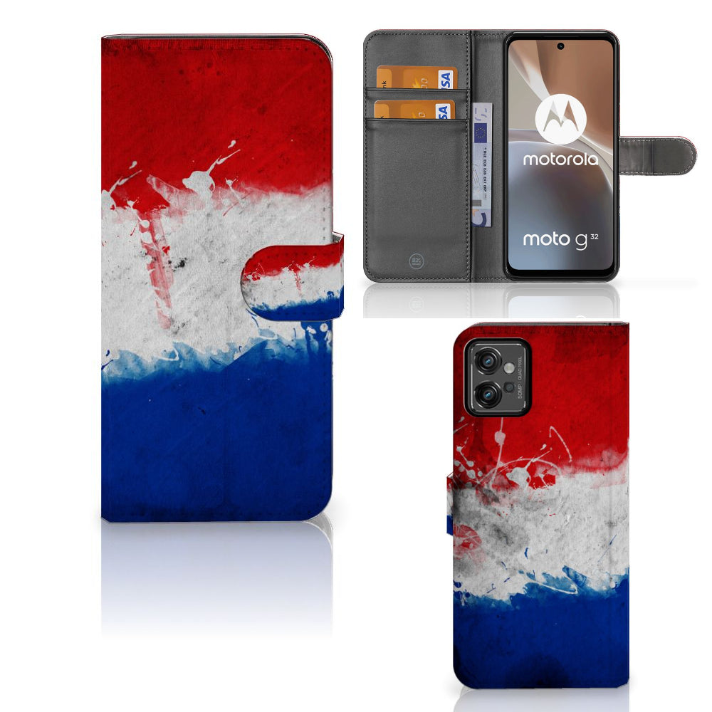 Motorola Moto G32 Bookstyle Case Nederland met artistiek design van de Nederlandse vlag voor telefoonbescherming.
